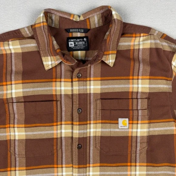 Carhartt Rugged Flex Plaid Flannel Shirt Mens 2XL Brown Orange TW5945-M Relaxed - Picture 2 of 9